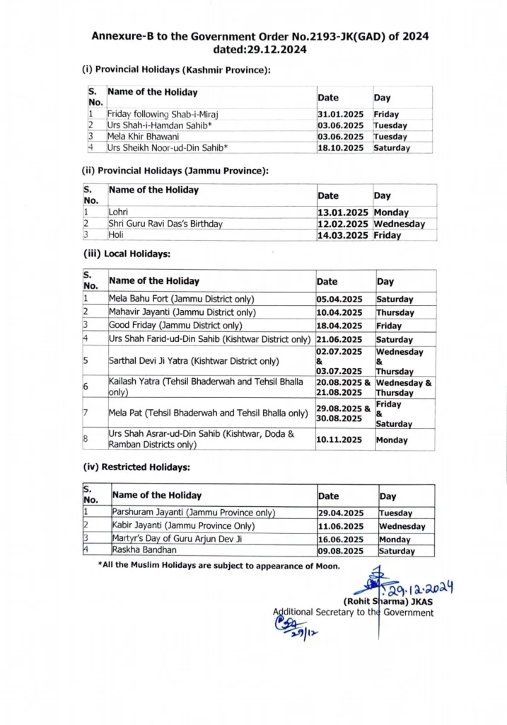 Download the j&k holiday calendar 2025 in pdf format 2 Calender back side
